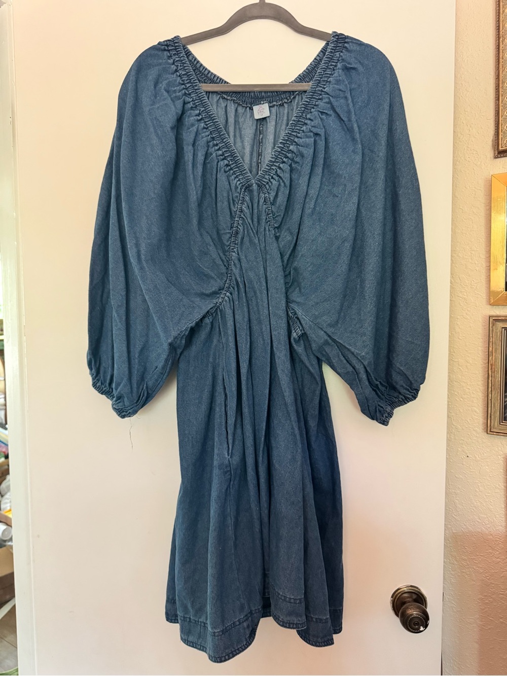 Like Love Denim Peasant Midi Dress in Medium Blue